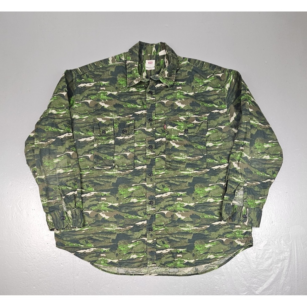 Levis Button Up Shirt Mens Large Green Tiger Stripe Camo Oversized Outdoor